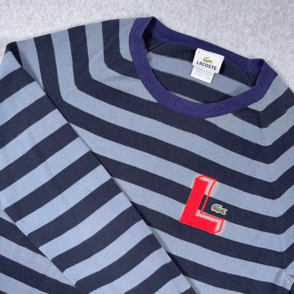 Lacoste Sweater Mens 5 Blue Navy Striped Crew Neck Patch Logo Pullover Knit